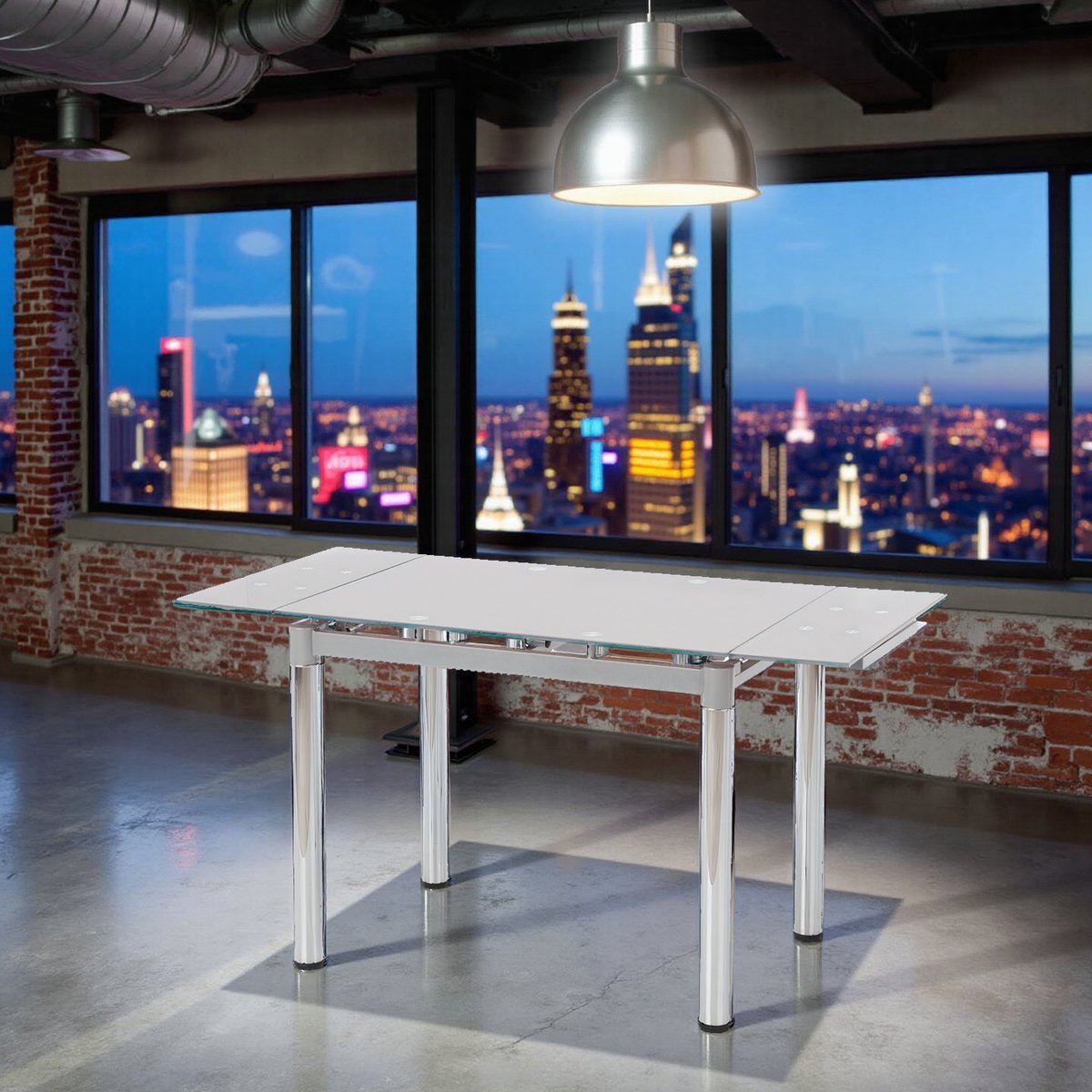 Milano Extendable Dining Table – Glass & Steel – Transparent/Gray – Modern Rectangular Eettafel – 4 Personen – 96-142 cm ganeey