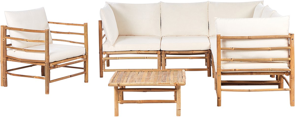 Beliani CERRETO - Loungeset 6-zits hoekbank - Gebroken wit - Bamboehout Bruin