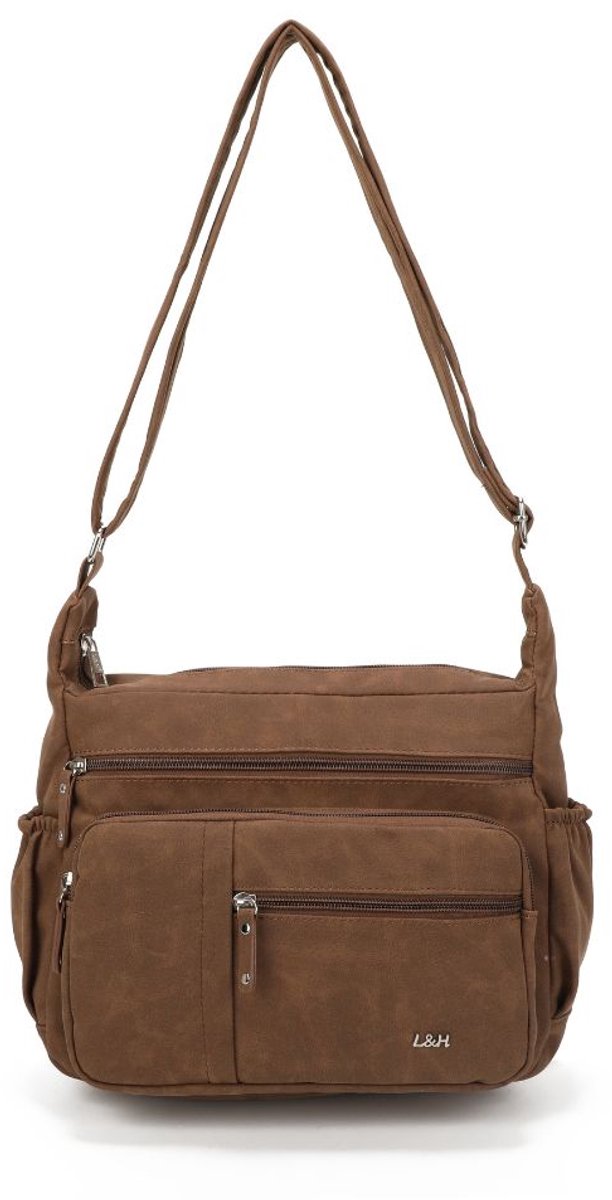 Dames Schoudertas Cognac - Crossbody Damestas - Schoudertas met Veel Ritsvakken