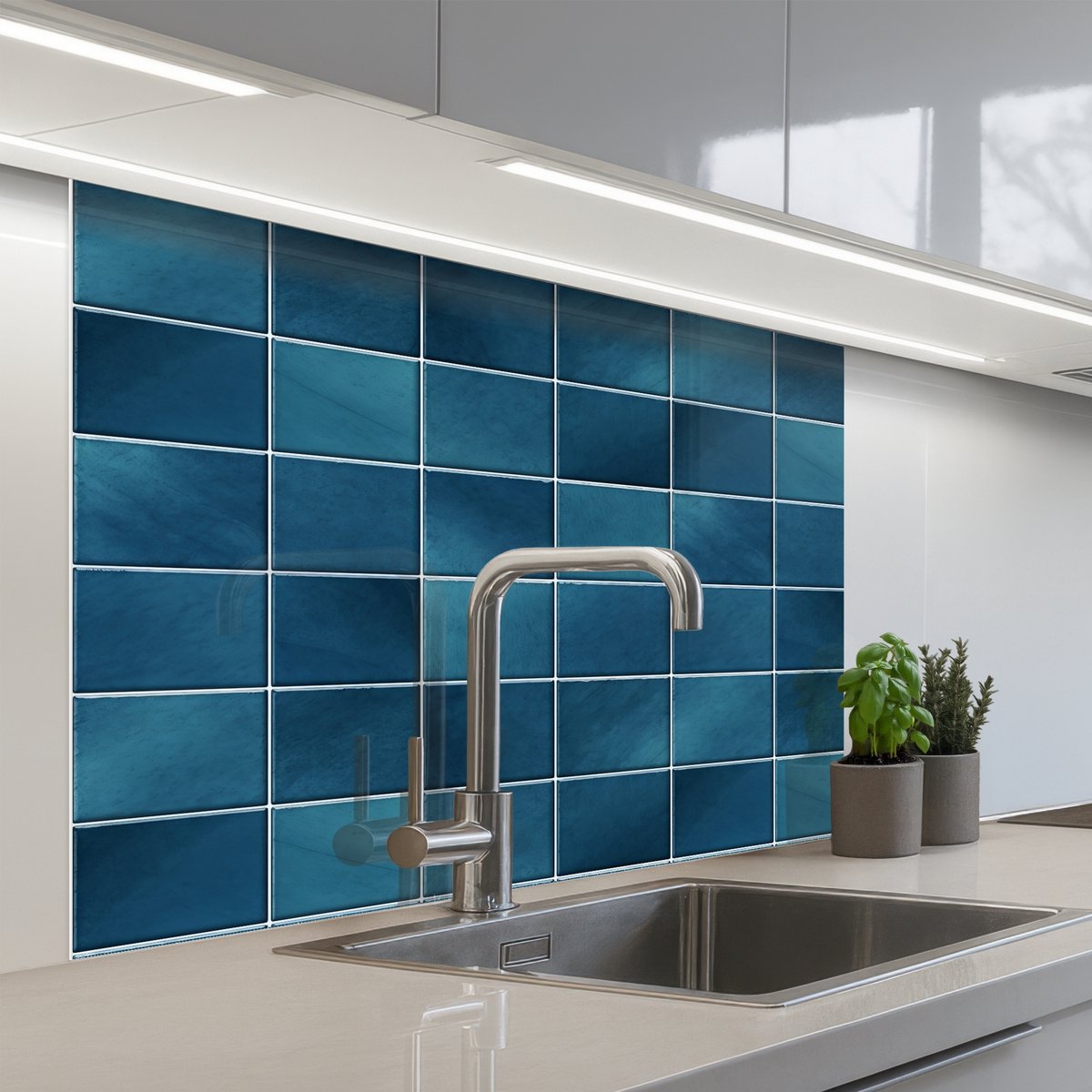 Keuken achterwand 100x80 cm - Spatscherm zelfklevend Keramiek - Structuur - Tegel - Blauw - Muurbeschermer - Spatwand fornuis