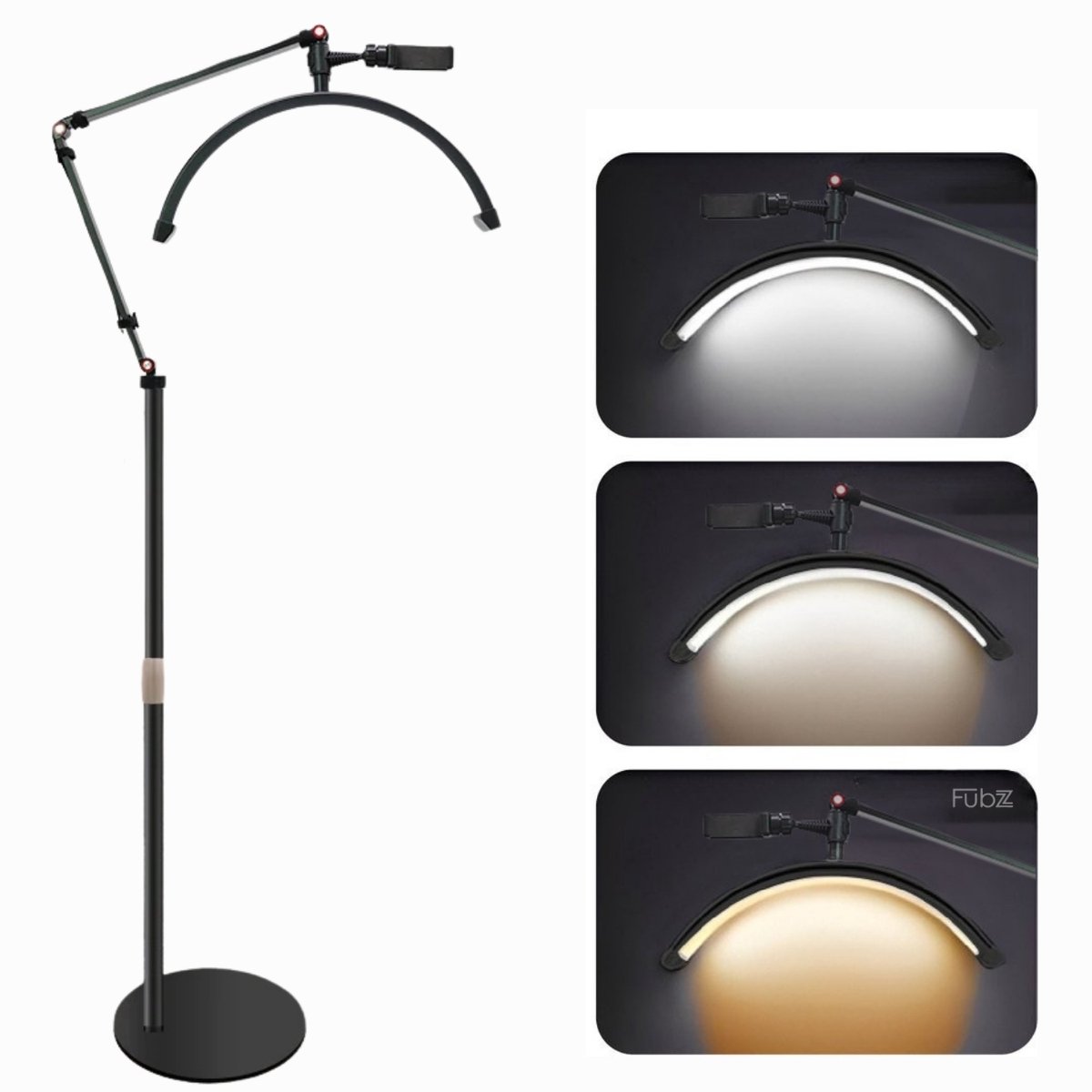 Fubzz Halve Maan LED Lamp - Professionele Beautysalon Lamp - Make-Up - Verstelbare Metalen Standaard 54-105 cm - Met Telefoonhouder En Afstandsbediening