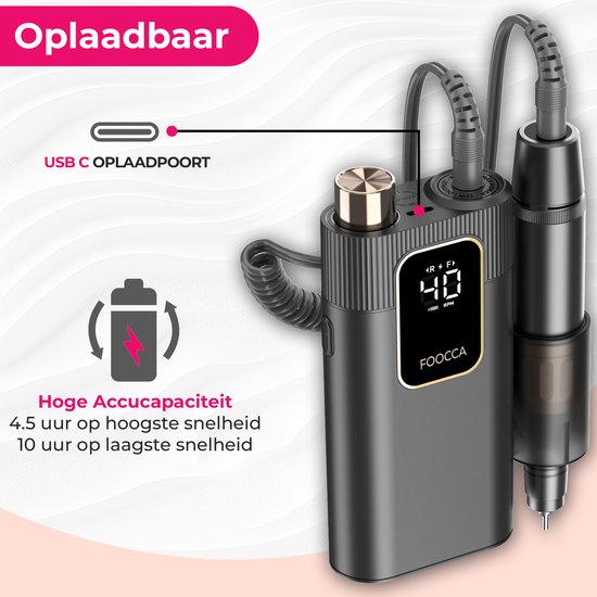 FOOCCA® Elektrische Nagelvijl - Nagelfrees 40000 RPM - Oplaadbaar - FOOCCA Portable - 12 Bitjes + 65 Schuurrolletjes + 3 Accessoires - Nagelstofkap - Manicure en Pedicure Set - Broekriemclip - Eeltverwijderaar - Kalknagels