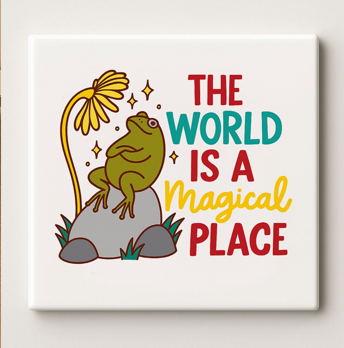 Nevolis The World Is a Magical Place Kikker Tegel – 15x15 cm Inspirerende Keramische Wandtegel – Sprookjesachtig Natuurontwerp Cadeau voor Huis & Tuin Multi Color