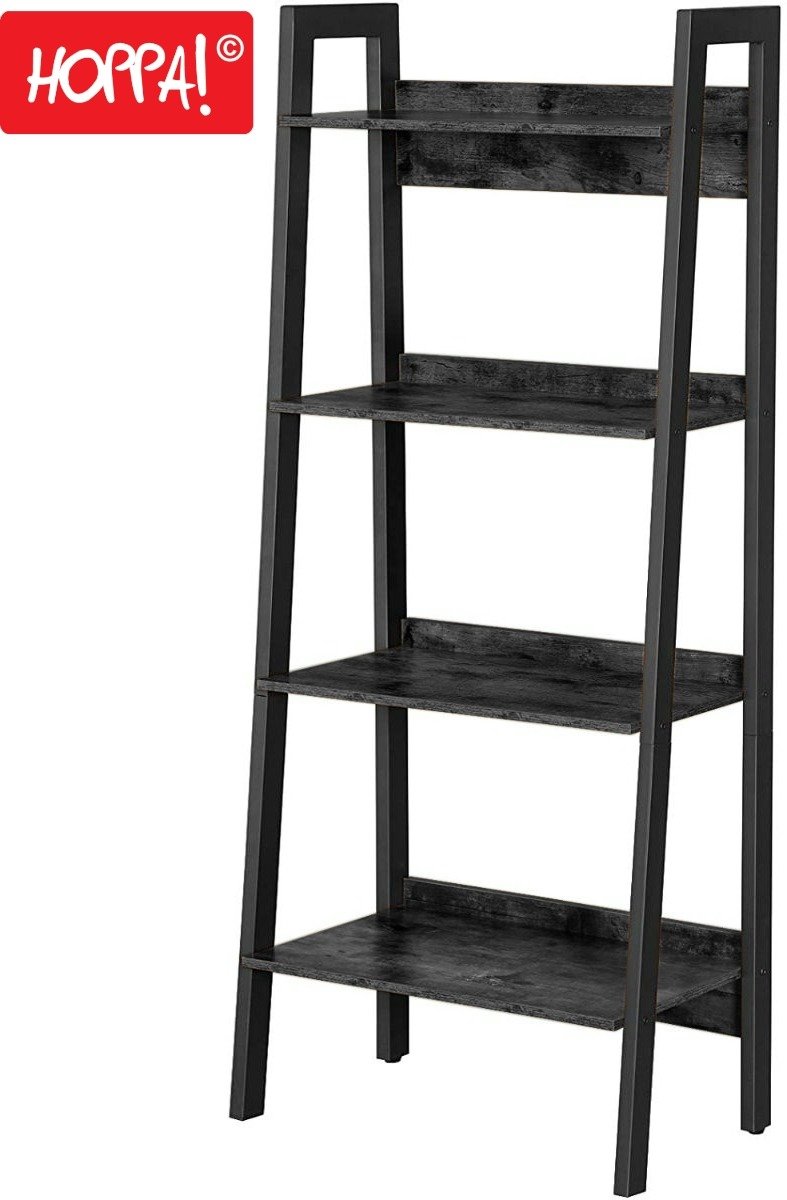 Hoppa! Boekenkast Industrieel | Zwart | 4 Niveaus | Hout/Metaal | 56 x 34 x 137.5 cm (B x D x H)