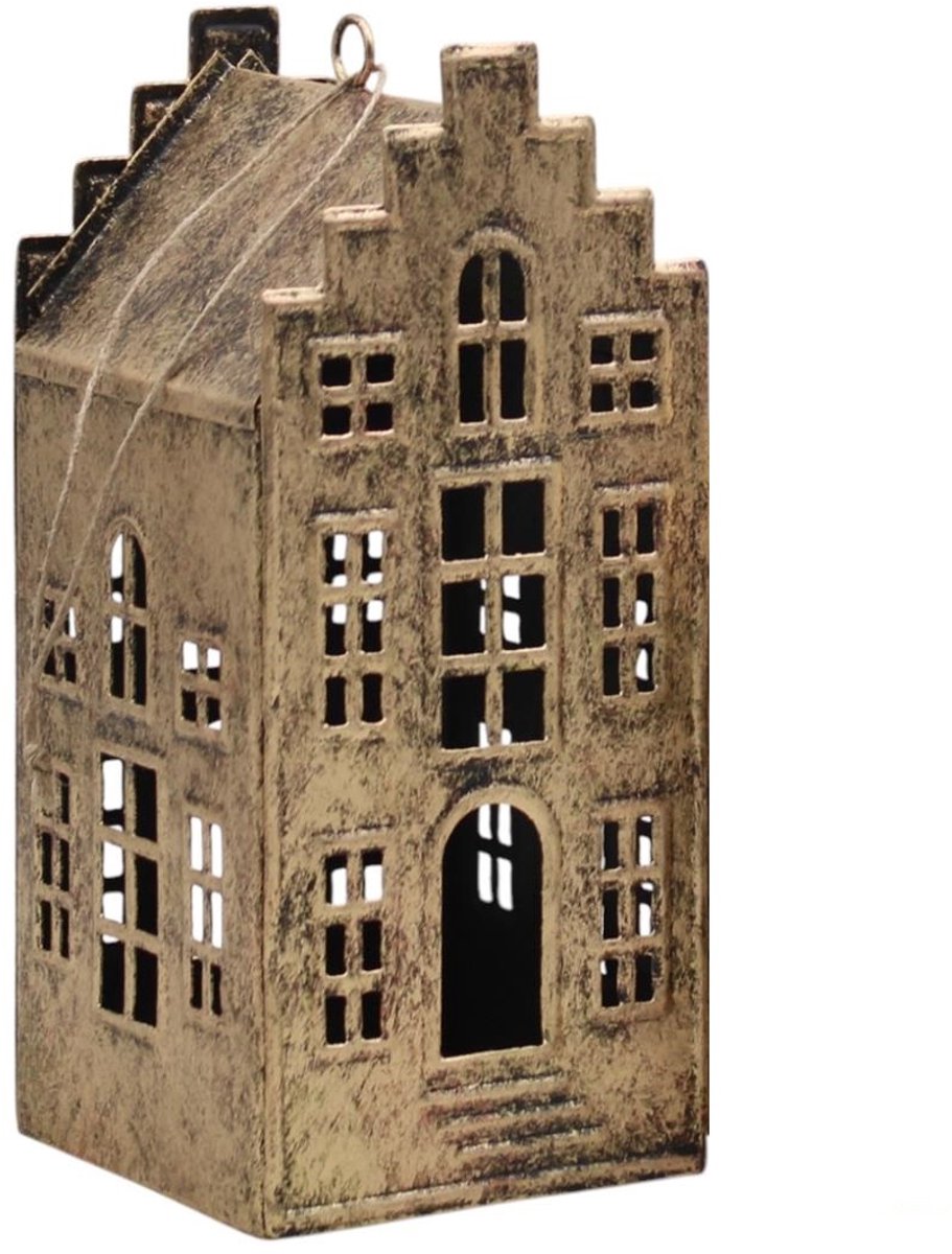 Decohanger huis antiek goud 6x6x14,5cm