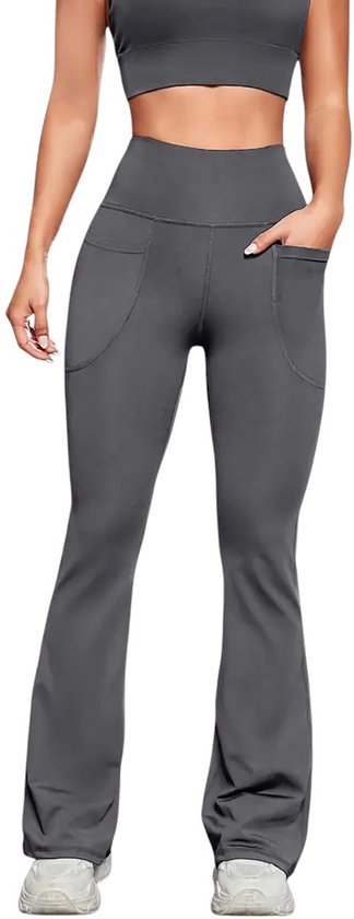 Foto: Lume flare dames legging sportbroek met 2 handige zakken stijlvol comfortabel functioneel high waist pocket legging flared pants uitlopende broek met zakken grijs maat xl