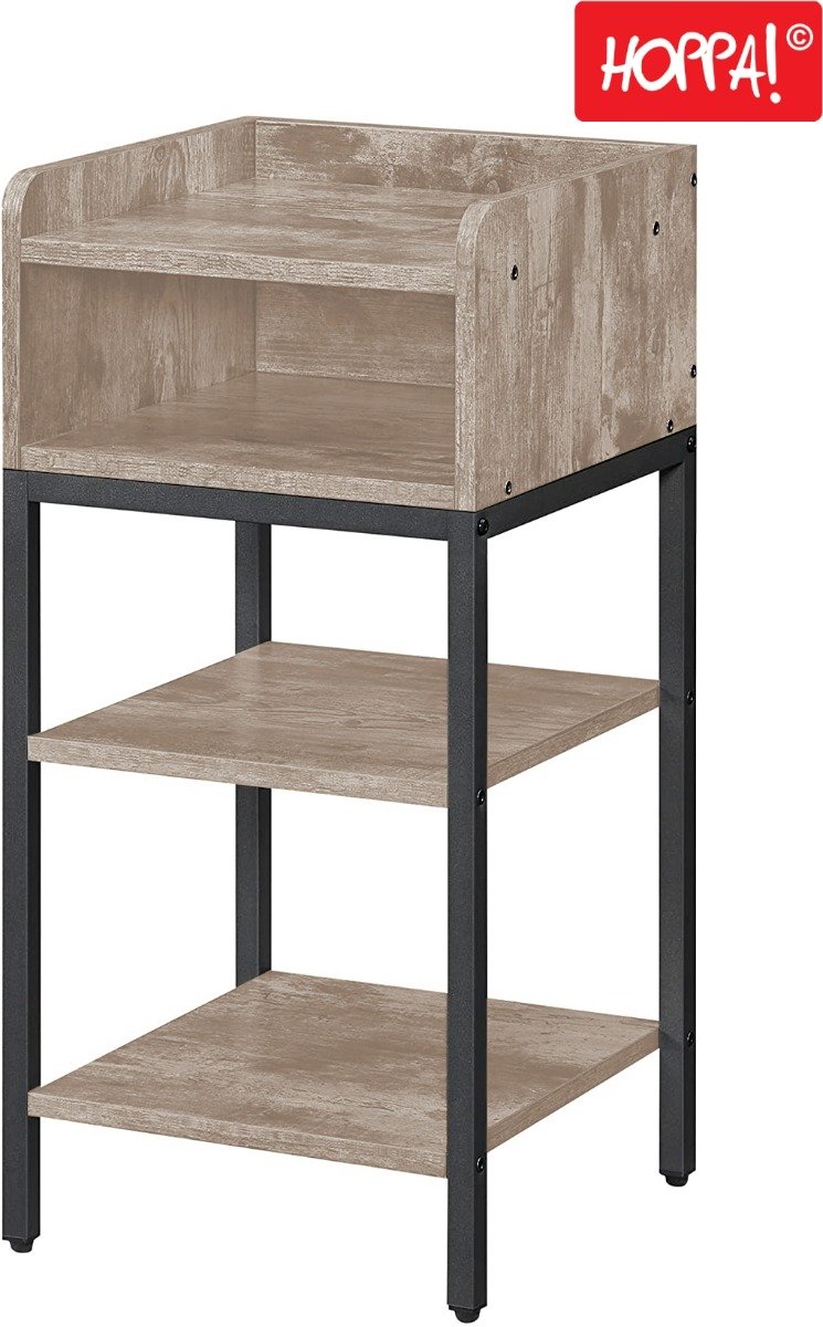 Hoppa! Nachtkastje | Hoog met Open Vak en 2 Legplanken | Vintage Greige-Zwart | 35 x 35 x 70 cm (B x D x H)