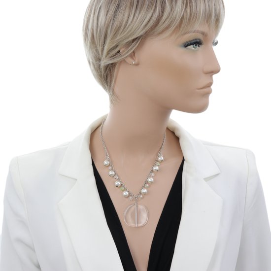 Collier Behave argenté avec perles, perles et pendentif rond transparent