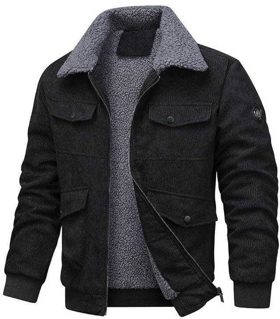 Veste noire en velours côtelé, fermeture éclair ouverte, doublure grise en teddy, deux poches poitrine et deux poches latérales.