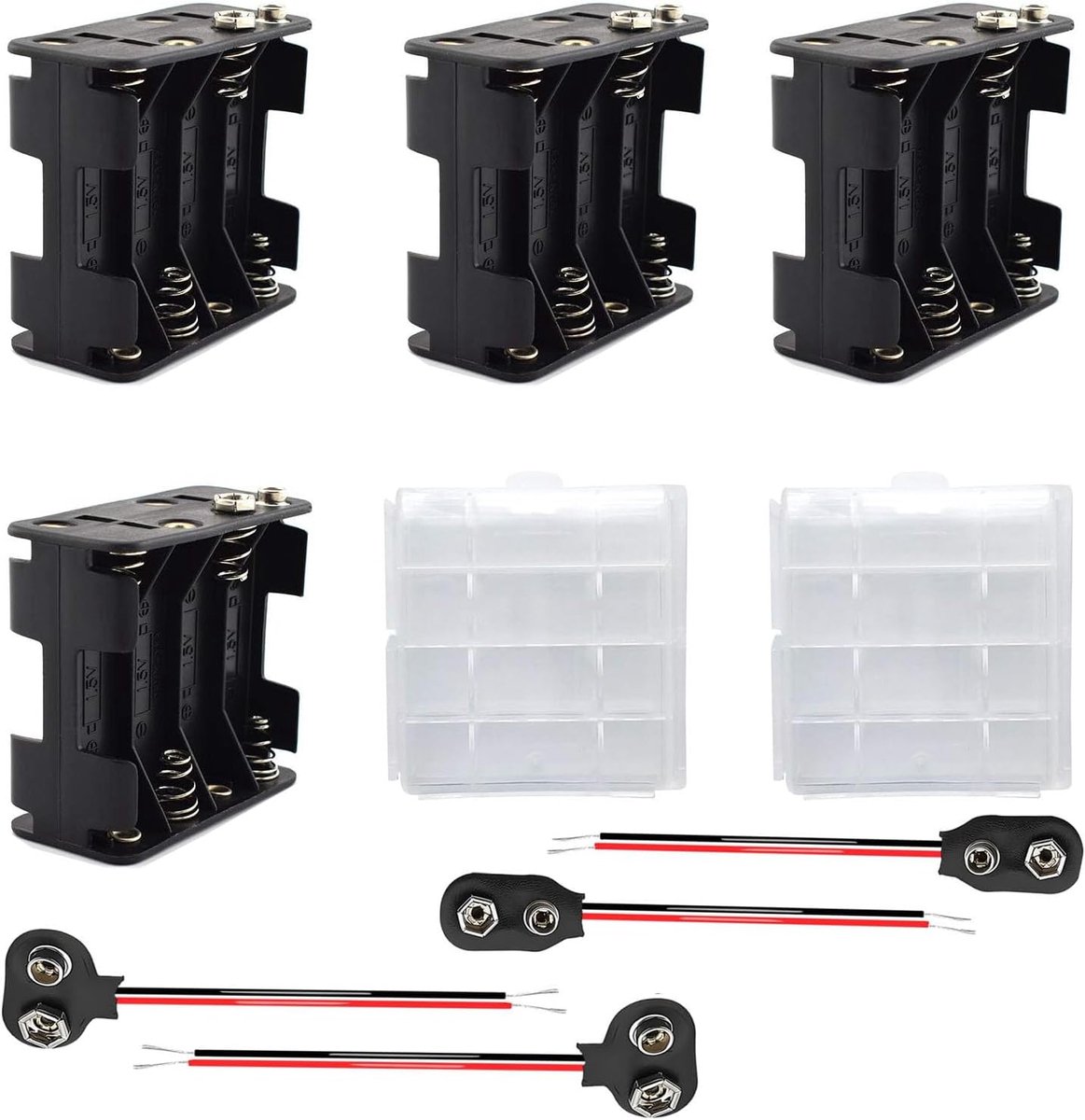 4 Stuks Zwarte 8 x 1,5 V AA Batterijhouders met Klikverbinder en Opbergdoos