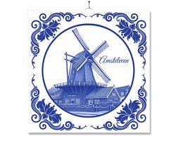 Tegel Met Opdruk | Amstelveen | Delft Blauw | Cadeau | Inclusief Geschenkdoos | Standaard | Ophangsysteem