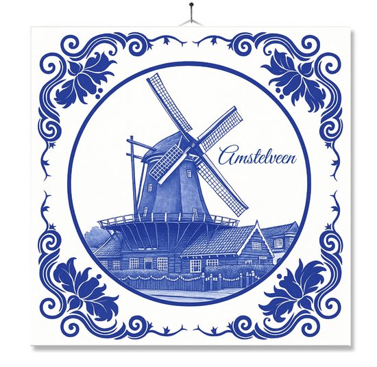 Tegel Met Opdruk | Amstelveen | Delft Blauw | Cadeau | Inclusief Geschenkdoos | Standaard | Ophangsysteem
