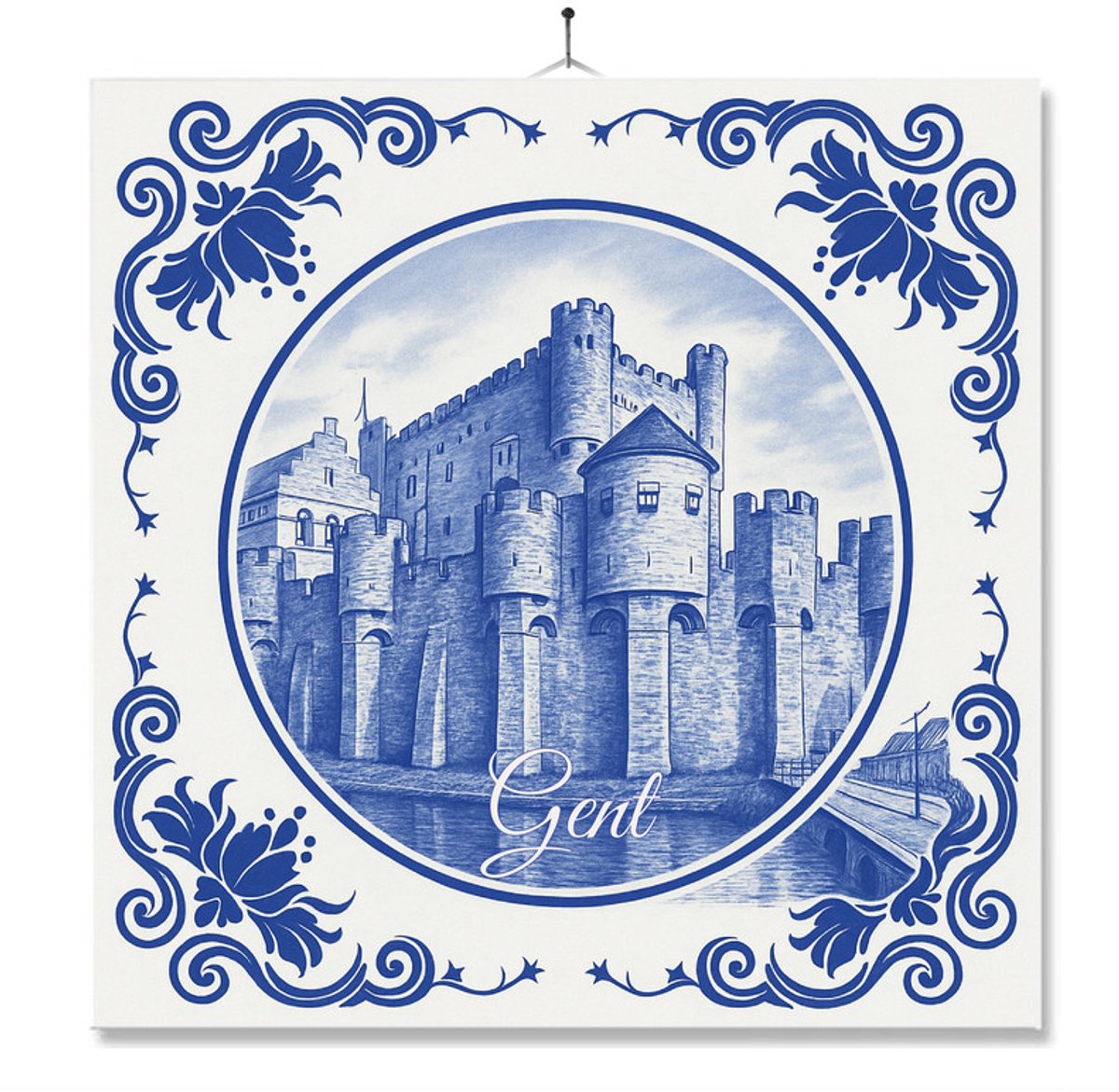 Tegel Met Opdruk | Gent | Delft Blauw | Cadeau | Inclusief Geschenkdoos | Standaard | Ophangsysteem