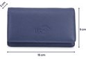 Portefeuille en cuir bleu foncé, 16 cm de large, 9 cm de haut et 2 cm de profondeur, avec logo.