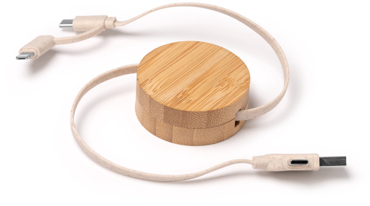 Oprolbare oplaadkabel met hoofdstructuur van bamboe- en tarwevezelkabel. USB- en Type C-ingangen. Verlichting- en Type C-uitgangen.