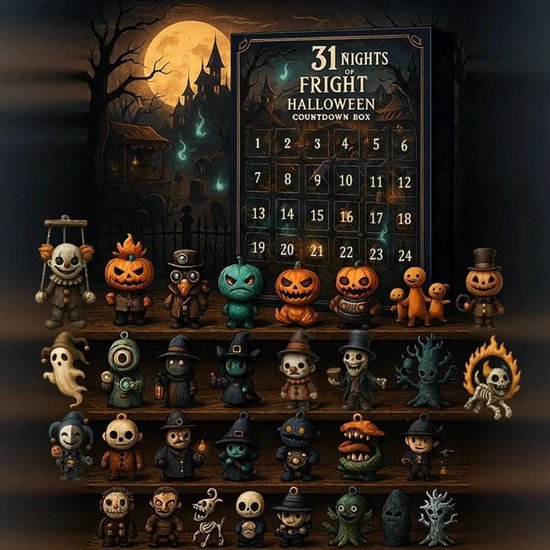 Adventskalender 2025-31 dagen-Halloween accesoires-Halloween afteldoos met beeldjes -Halloween Adventskalender 2025- Scary Doll verzamelbare horrorfiguren - hangende bedels en mini-ornamenten