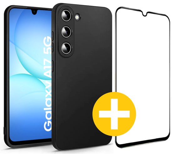 Samsung Galaxy A17 siliconen hoesje & 9H tempered glas screenprotector – zwart, slank, stevig bescherming