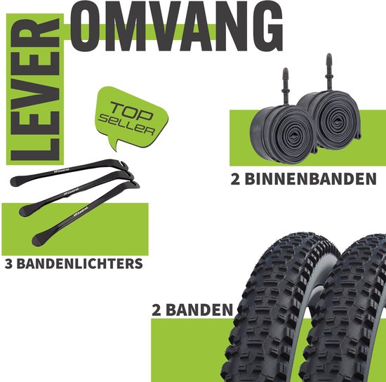Set van 2 zwarte banden, 2 zwarte binnenbanden en 3 zwarte bandenlichters.