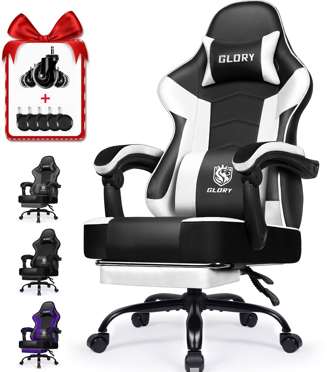 Hiaonyx Gaming Stoel - 170° Verstelbare Rugleuning met Inklapbare Voetsteun - Racersstijl met Geïntegreerde Armleuningen - met stille wielen - 150kg - Wit
