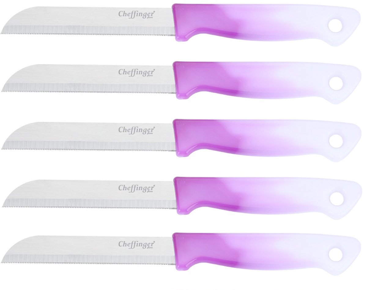 Cheffinger Schilmessenset – RVS Glad – 18 cm – Paars – 5 Stuks - Schilmesje