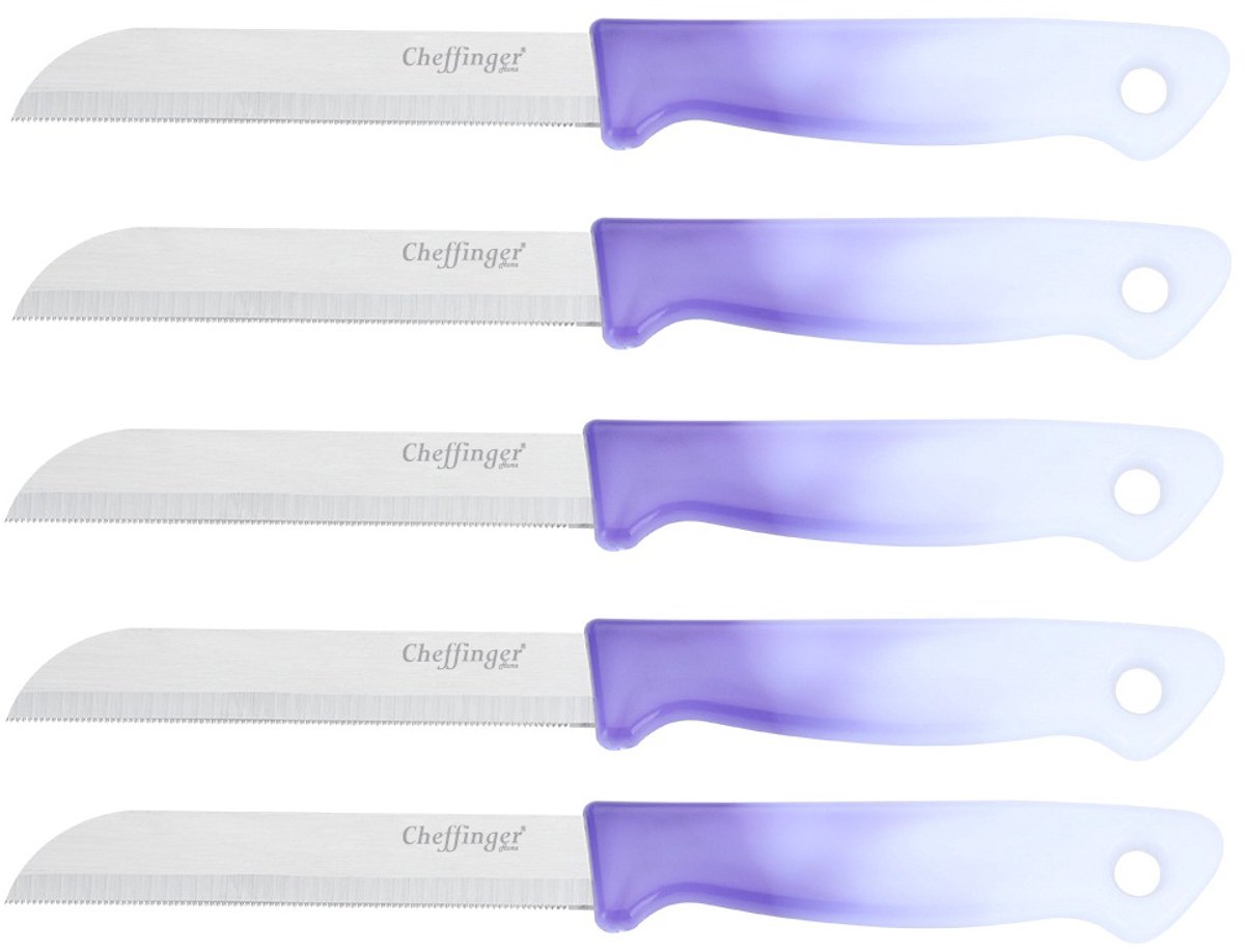 Cheffinger Schilmessenset – RVS Glad – 18 cm – Lila – 5 Stuks - Schilmesje