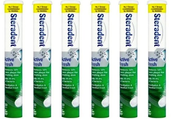 Foto: Steradent kunstgebit reinigingstabletten active fresh voordeelverpakking 6 x 30 stuks
