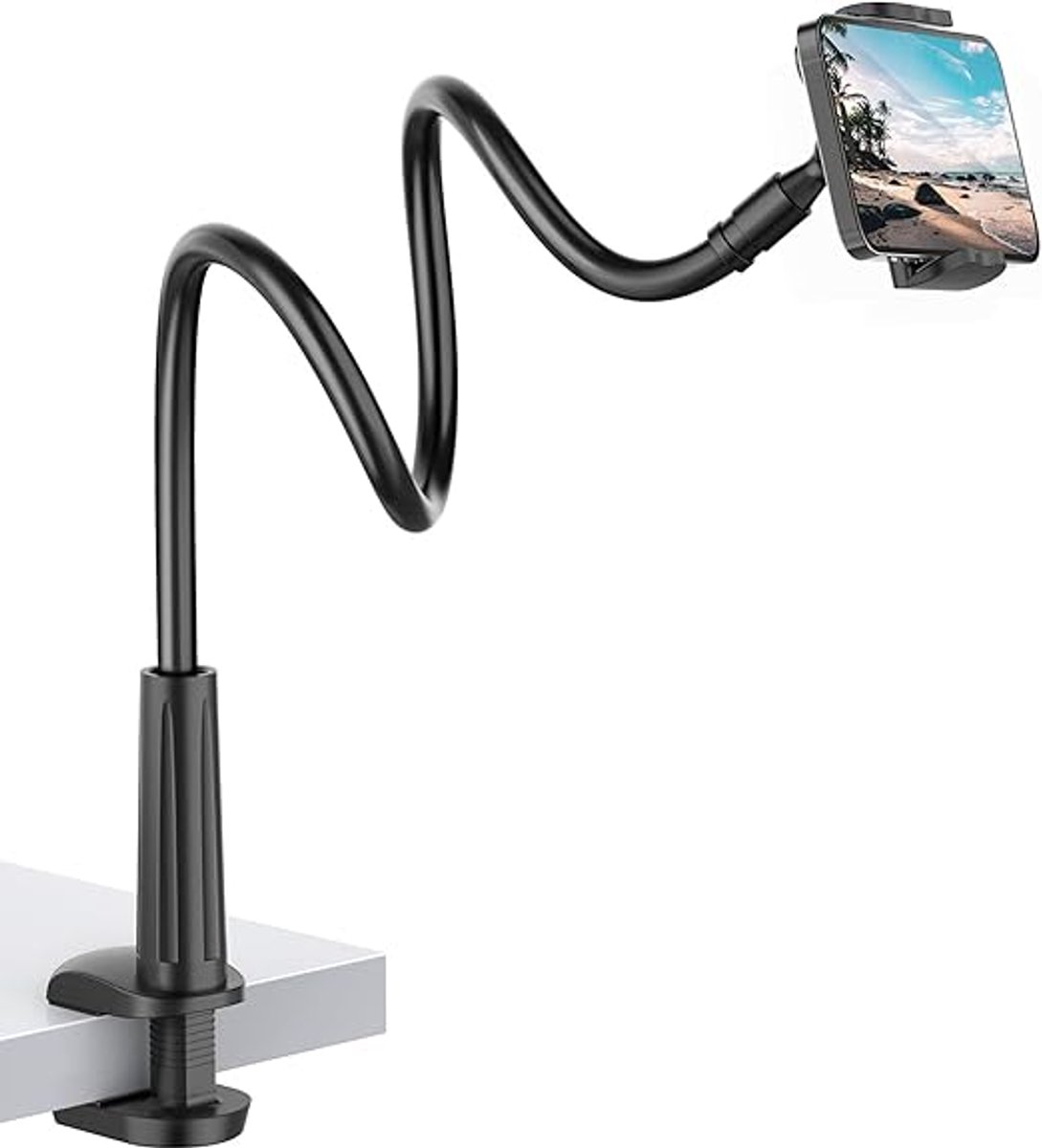 Telefoonhouder: Universele flexibele telefoonhouder met lange arm voor de meeste telefoons en apparaten van 4-6,5 inch - Zwart