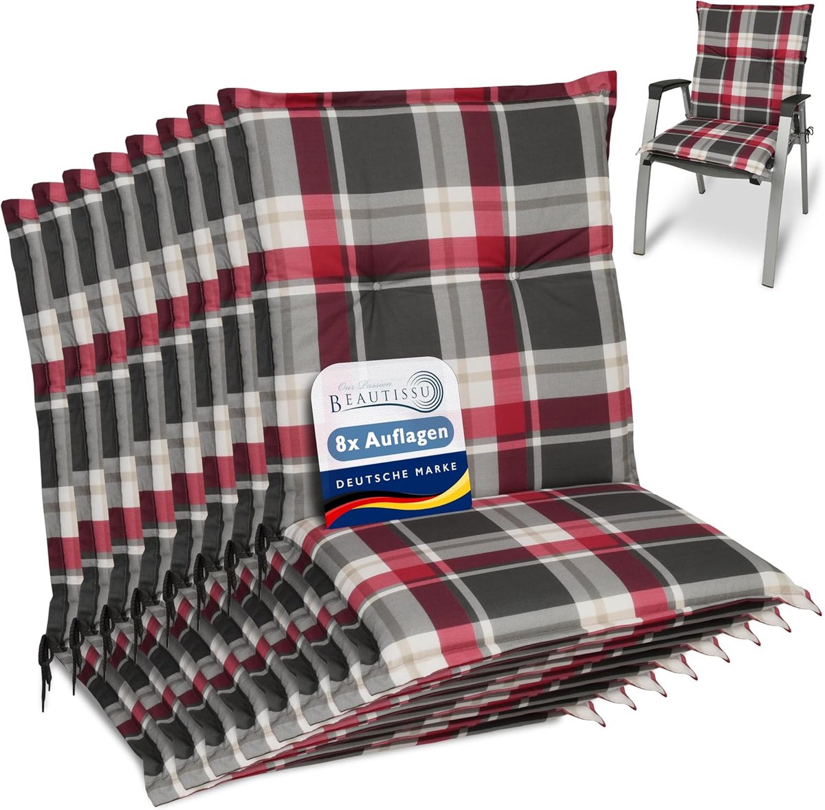 Beautissu Sunny RK – Set van 8 Tuinkussens Lage Rug 100x50 cm met UV-lichtechtheid Comfortabele Tuinstoel Zitkussen Bordeauxrood geruit