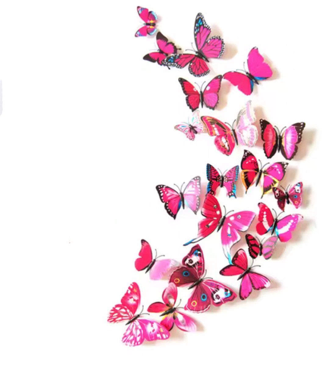 CHPN - Roze 3D vlinders - Vlinders - Muurstickers - Muurdecoratie - Met veiligheidsspeldje - Verschillende Afmetingen - Vlinders - 12 stuks - Roze - Woondecoratie - Wooncadeau - Verschillende dessins