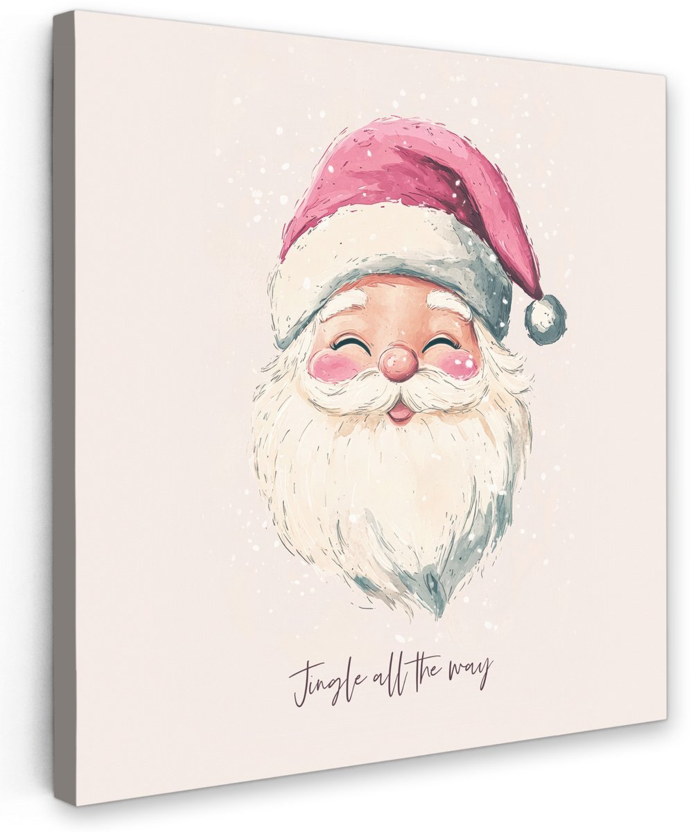 Kerstman op beige canvas, 70x70 cm, voor tuindecoratie. Kerstsfeer met quote, ideaal als buitenschilderij decoratie.