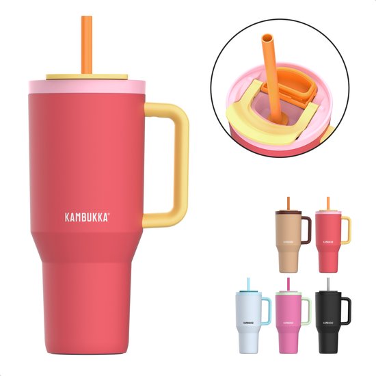 Kambukka Rio - Gobelet 950ml - Gourde Papaye Pink avec Paille Télescopique - Anti-fuite - Sans BPA