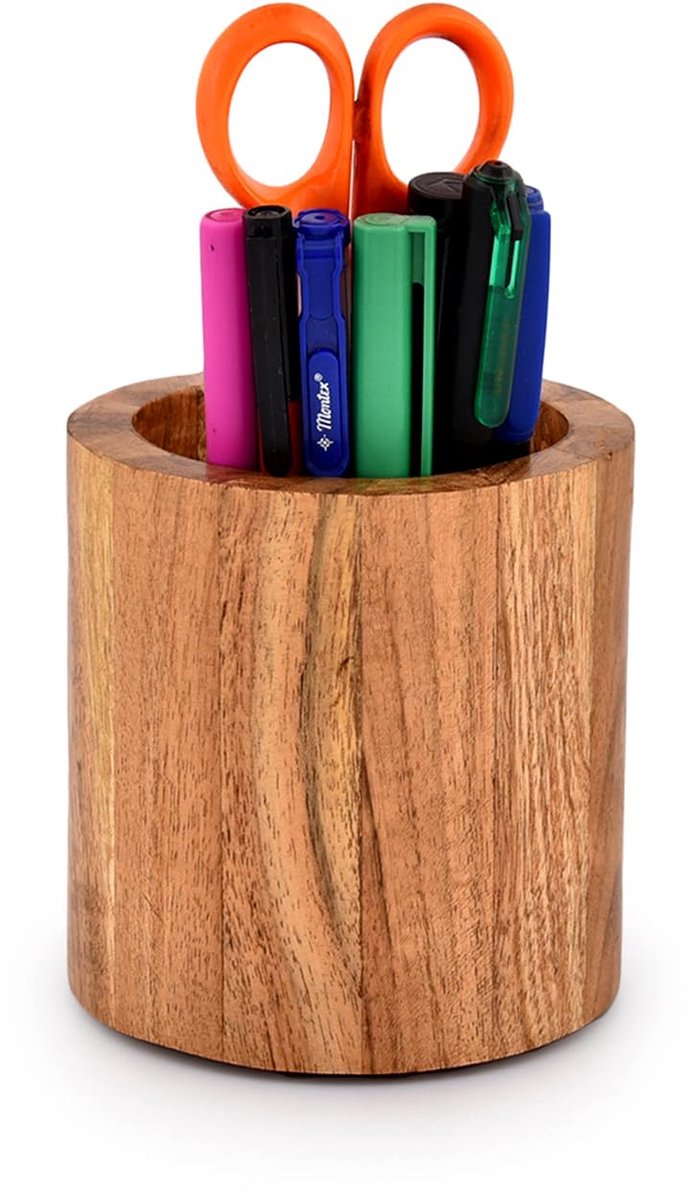 Acaciahouten Potloodhouder - Rond - Bureau-organizer - Multifunctioneel voor Thuis, School en Kantoor - 10.16cm x 10.16cm x 10.16cm