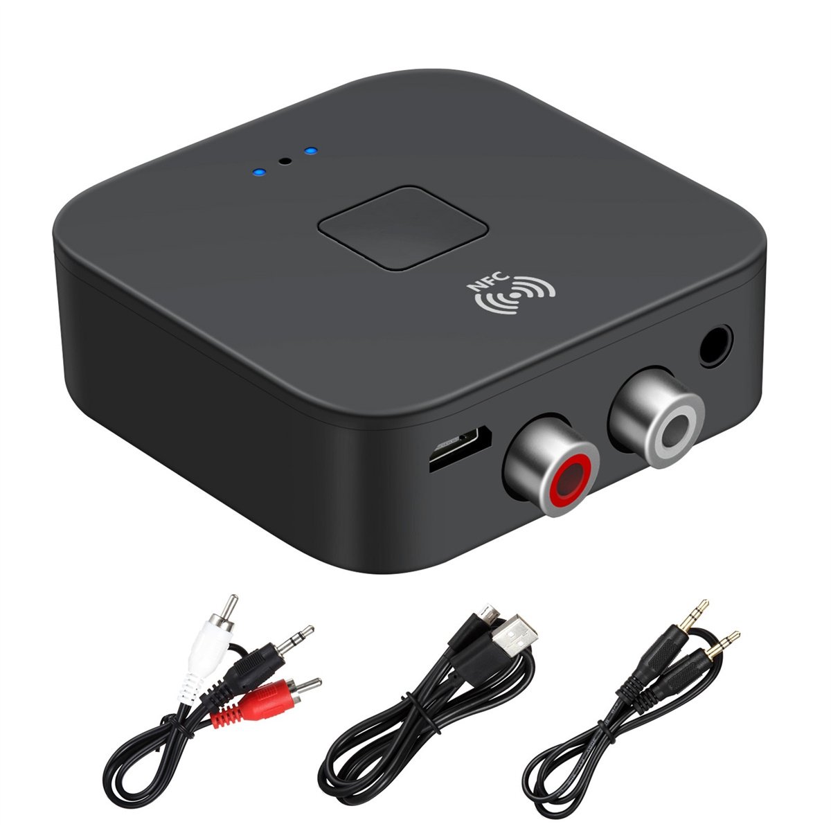 Bluetooth 5.0 Muziekontvanger met NFC – Draadloze Audio Adapter met 3.5mm & RCA Aansluiting, 10m Bereik, Ruisonderdrukking – Voor Auto & Thuis Speakers