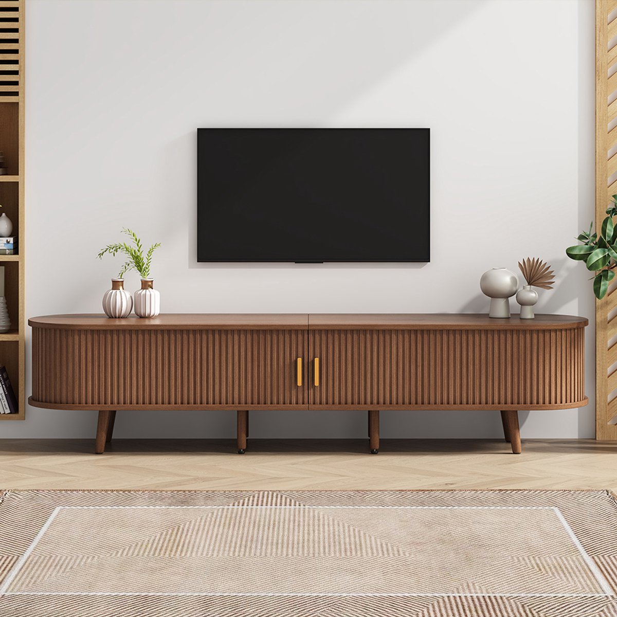Pugsdrly TV-meubel voor de woonkamer 175 x 40 x 42 cm met opbergruimte + rond blad van MDF met houtnerf 2 lades, laag meubel met telescopische deuren, TV-meubel van notenhout, geschikt voor 75 inch