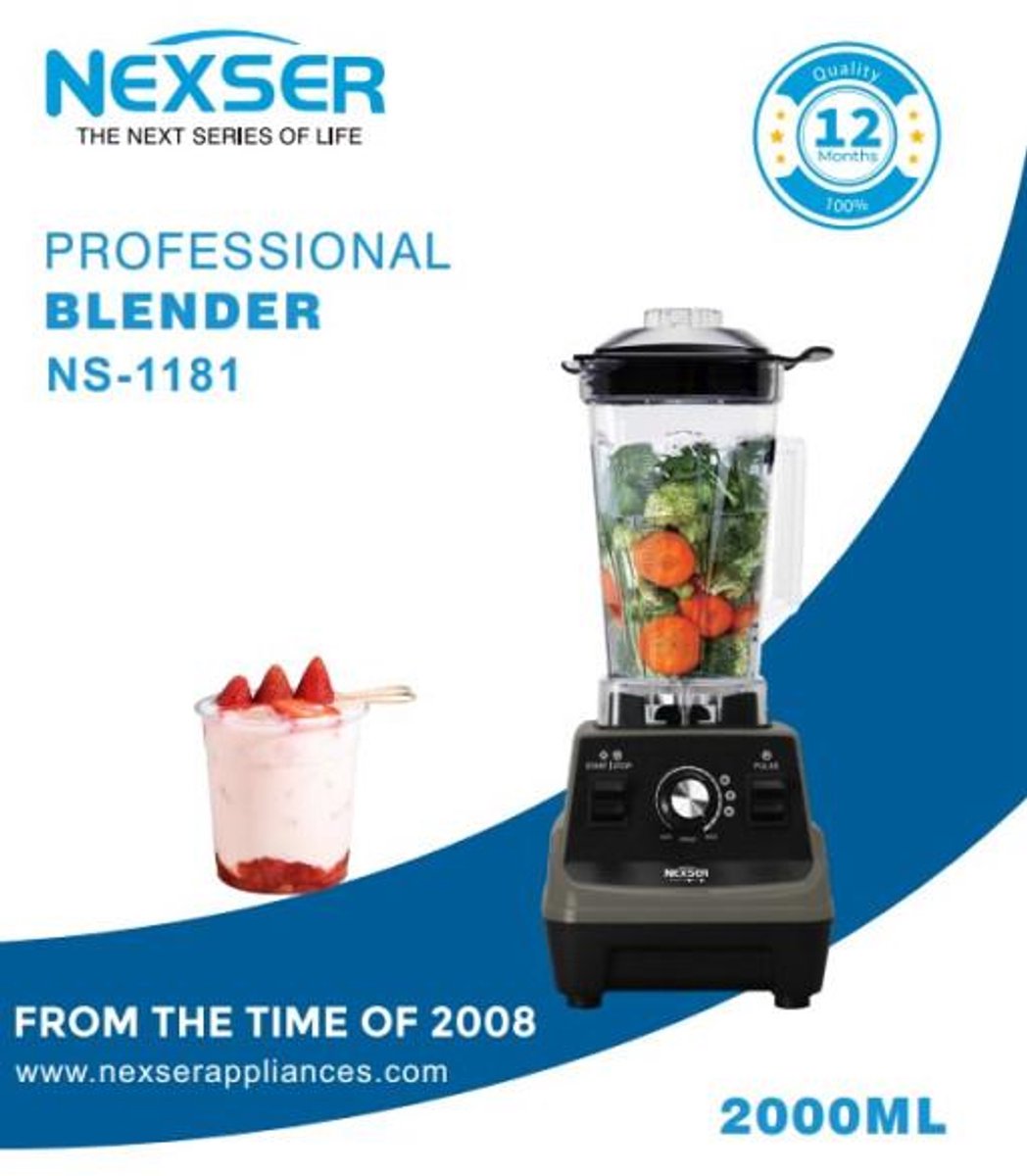 Nexser 2L Professionele Blender – 1800W Heavy Duty Smoothie, Food Grinder & Spice Blender – Multifunctioneel voor Thuis en Horeca