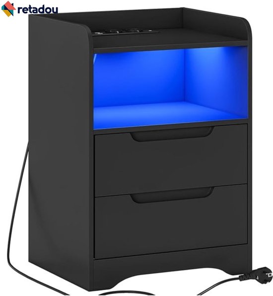 Hzuaneri Nachtkastjes Set van 2 met LED Verlichting, Eindtafel met 2 Stoffen Opbergladen, Bijzettafel met USB Poorten & Stopcontacten, Nachtkastjes met Open Planchet voor Slaapkamer, Wit NS36213W