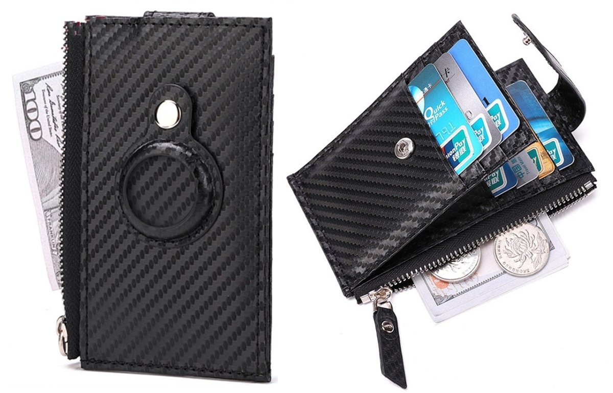 Telestore - Airtag pasjeshouder Portemonnee (wallet) - hoesje geschikt voor Apple AirTag - Portemonnee zwart- 8 Pasjes + Briefgeld - Carbon Leer - RFID Veilig