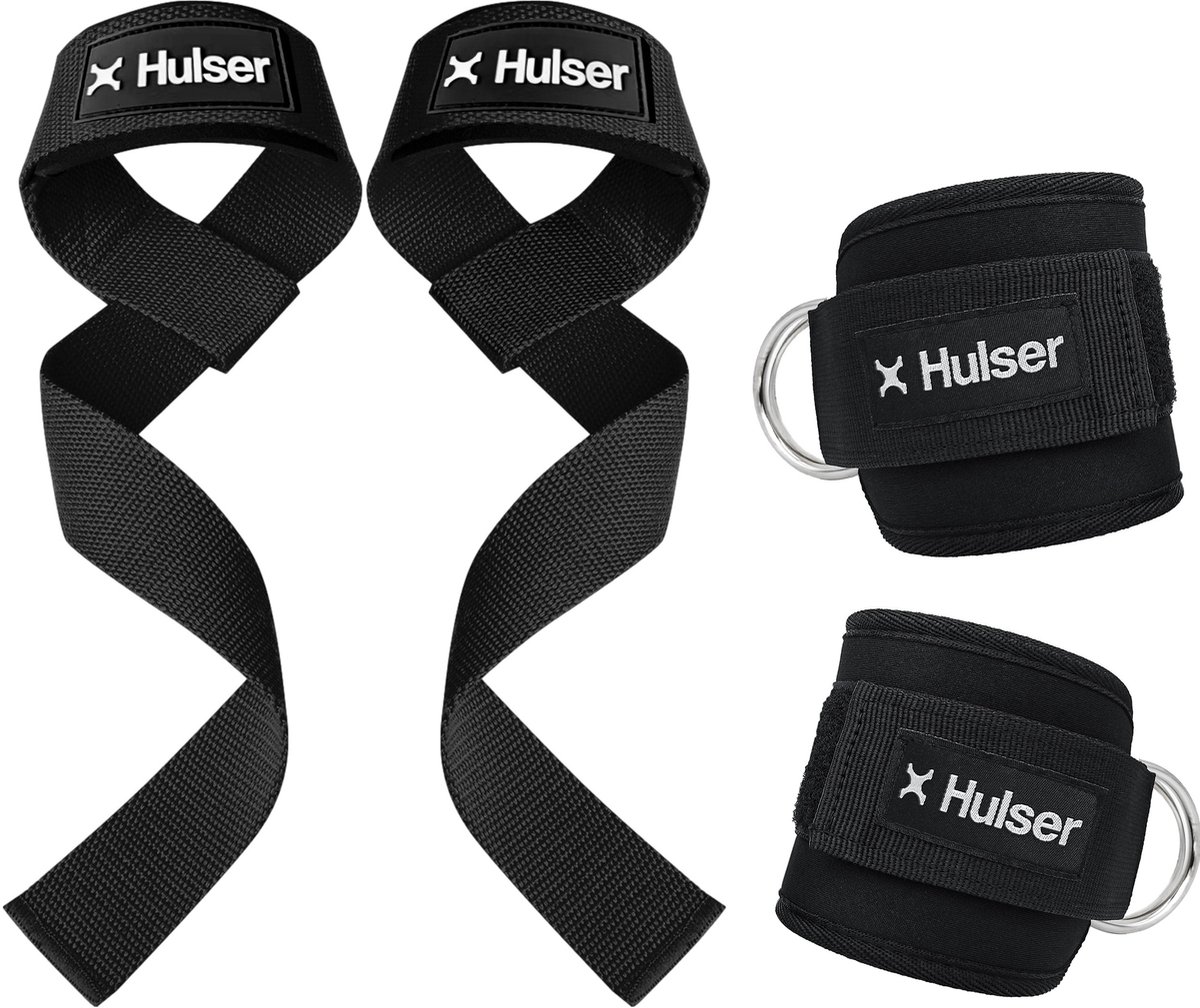 Hulser Sportieve bundel - 2 Ankle strap en 2 Lifting straps - Zwart - Enkel straps - Enkelband Cuff - Wrist wraps - Gym Lifting grips - Soft hooks - Krachttraining & Lifting