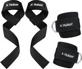 Hulser Sportieve bundel - 2 Ankle strap en 2 Lifting straps - Zwart - Enkel straps - Enkelband Cuff - Wrist wraps - Gym Lifting grips - Soft hooks - Krachttraining & Lifting
