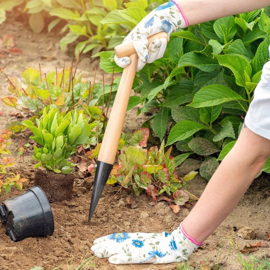 KADAX Plantenhulp van metaal, plantensteker met comfortabele handgreep van hout, bloembollenplant, uienplant, plantenschep, pikeerstok (L: 39 cm, T-handvat, zwart) van Merkloos	 — afbeelding 3