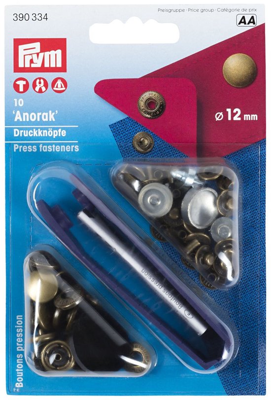 Boutons-pression Prym Anorak, 12mm, laiton vieilli. Inclus avec outils de couture.