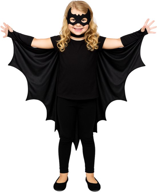 Joya Kids® | Vleermuis Verkleedset Kinderen | Cape met Mouwen & Masker | 100 x 138 cm | Vleermuis Kostuum voor Halloween & Carnaval | Vampier | Zwart | One Size