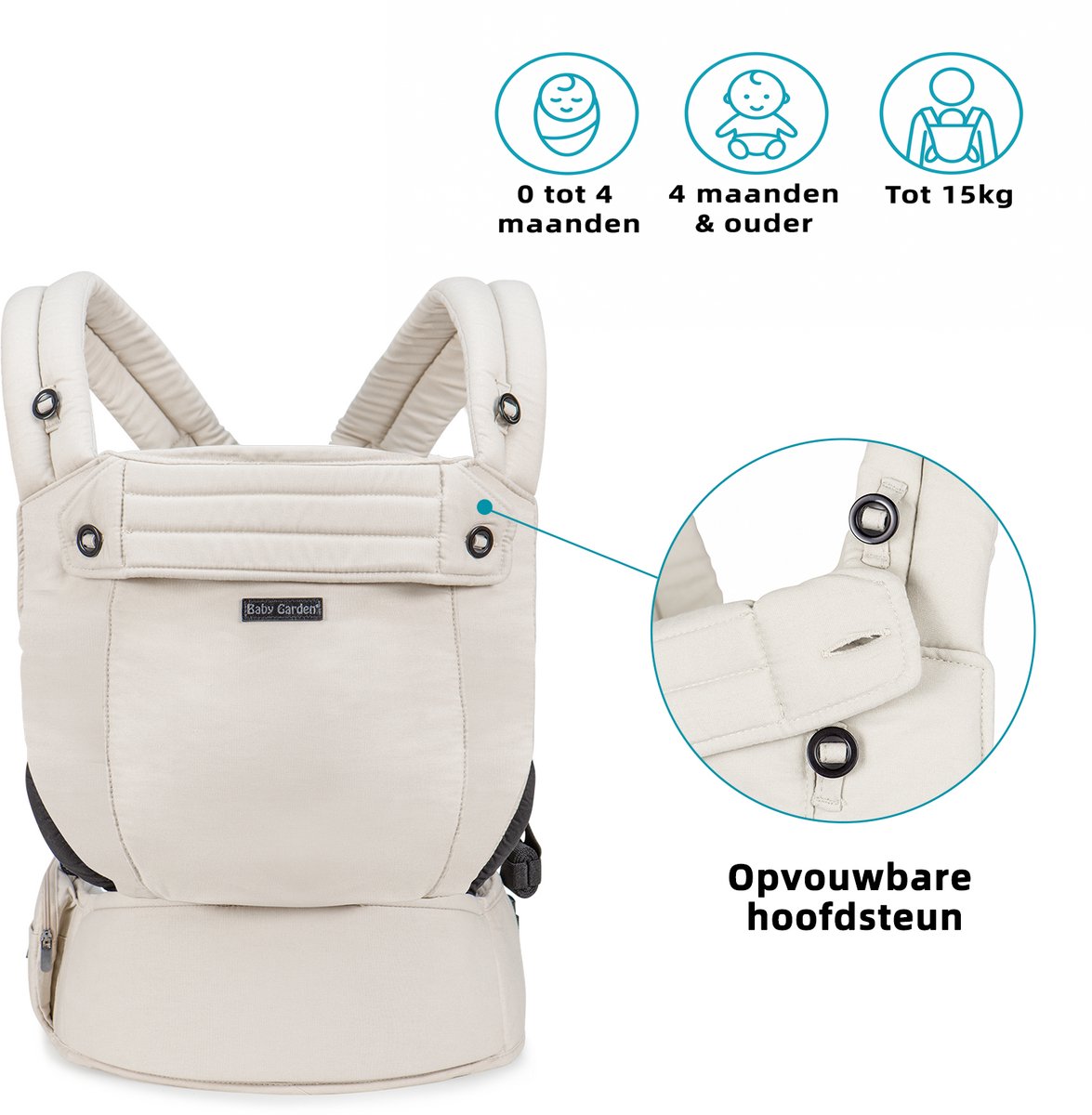 Baby Garden Premium baby draagzak van katoen - Ergonomisch & Comfortabel - met Nekstondersteuning - Tot 15 kg - Incl. Slabbetje - Beige – foto 7