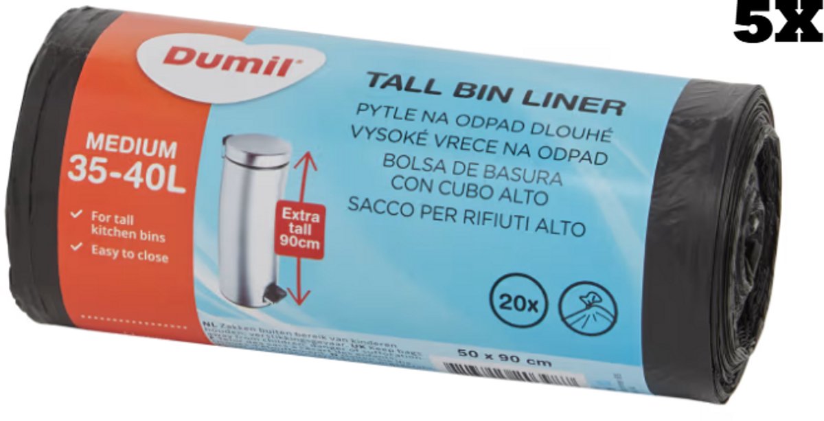 5x rol afvalzakken 35-45 L, per rol 20 zakjes
