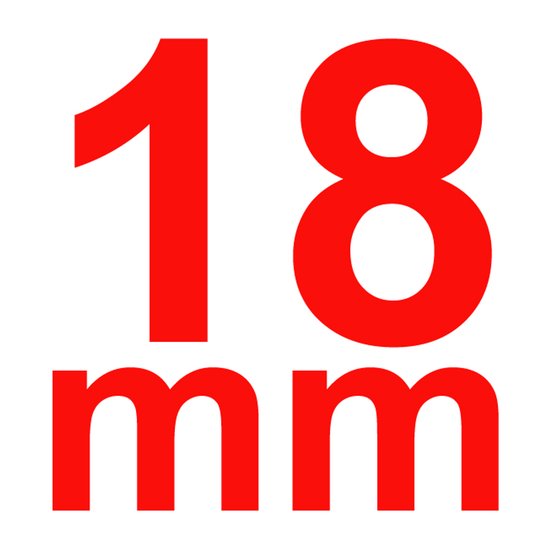 Tekst "18 mm" in grote rode cijfers.