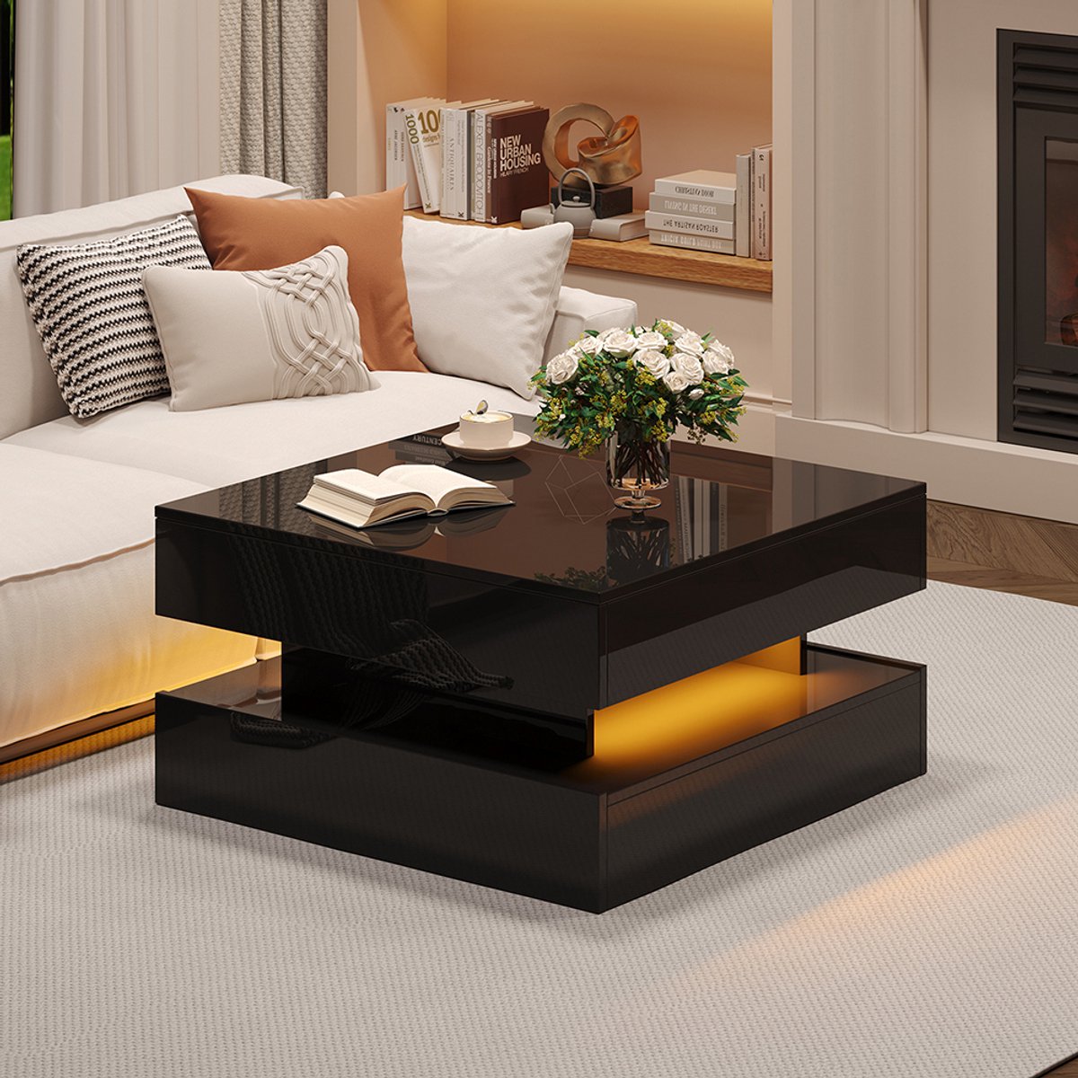 Pugsdrly Opklapbare salontafel 65 x 65 x 38,5 cm, bijzettafel, glanzende salontafel met led-lichtstrip, banktafel met 2 lades, salontafel met geometrisch ontwerp en verborgen opbergruimte, zwart