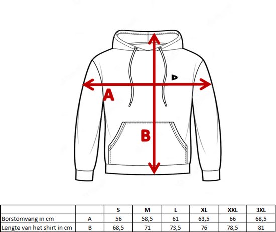 Maattabel voor een blauwe hoodie met maten A (borstomvang) en B (lengte shirt).