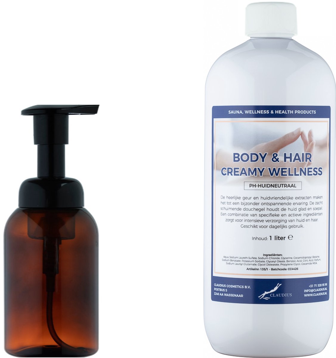 Zeepdispenser 300 ml amber bruin hervulbaar + 1 liter Body & Hair Creamy Wellness navulling