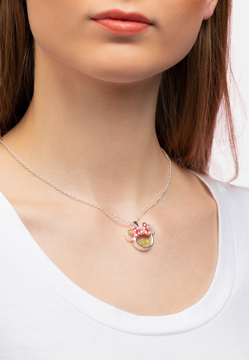 Disney Minnie Silver Plated Brass with Red enamel Bow November Birthstone Floating Stone Necklace
