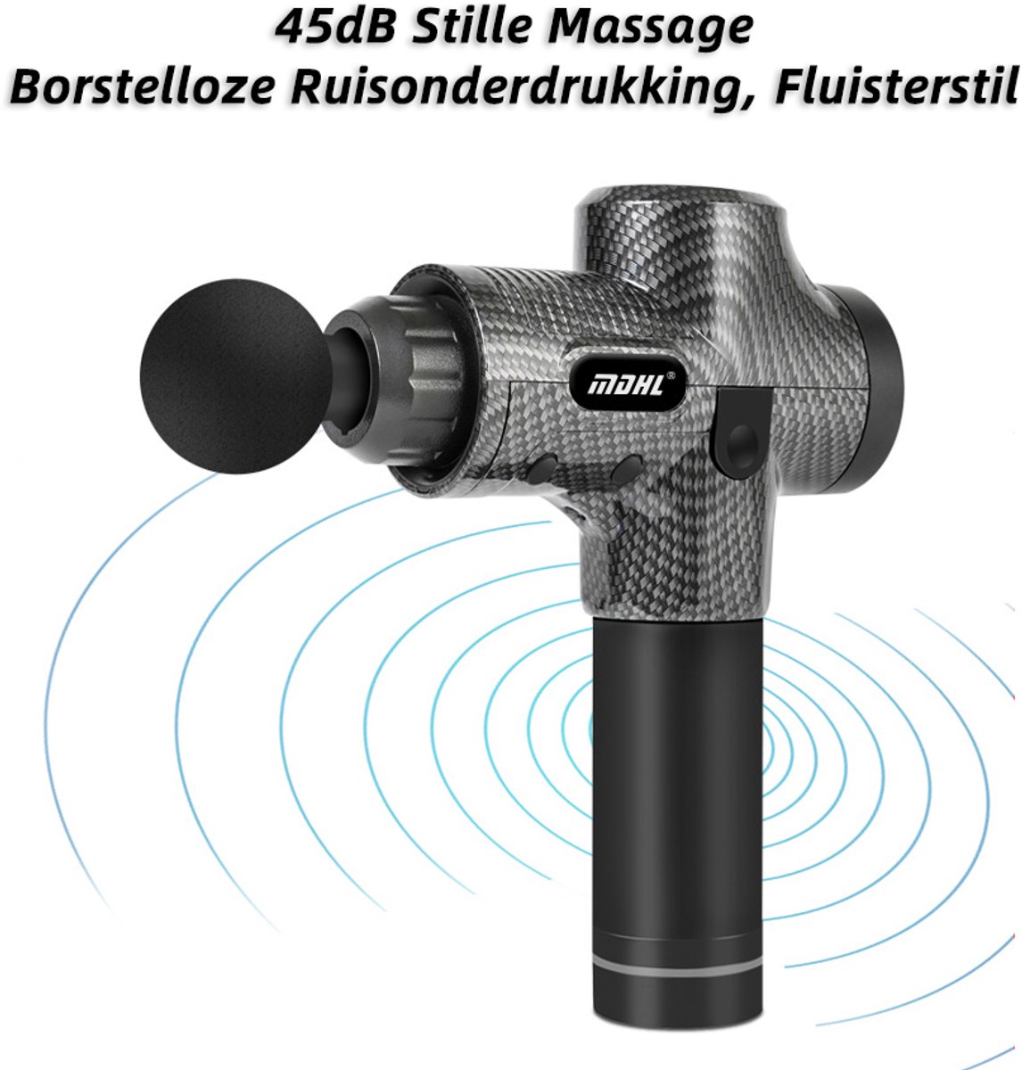 Afbeelding 3 van Gloovon - Massage Gun - Massage Pistool Inclusief Koffer - 6 Opzetstukken - 16 mm Dieptemassage - 30 snelheden - Stille - Massageapparaten - Koolstofvezelkleur